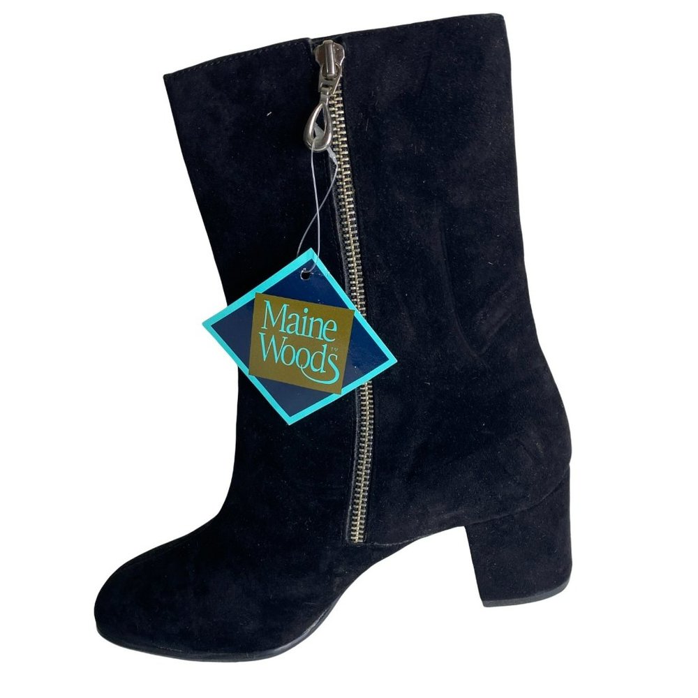 New Maine Woods Womens Boots Size 9 Black Suede Side Zipper Block Heel Vintage